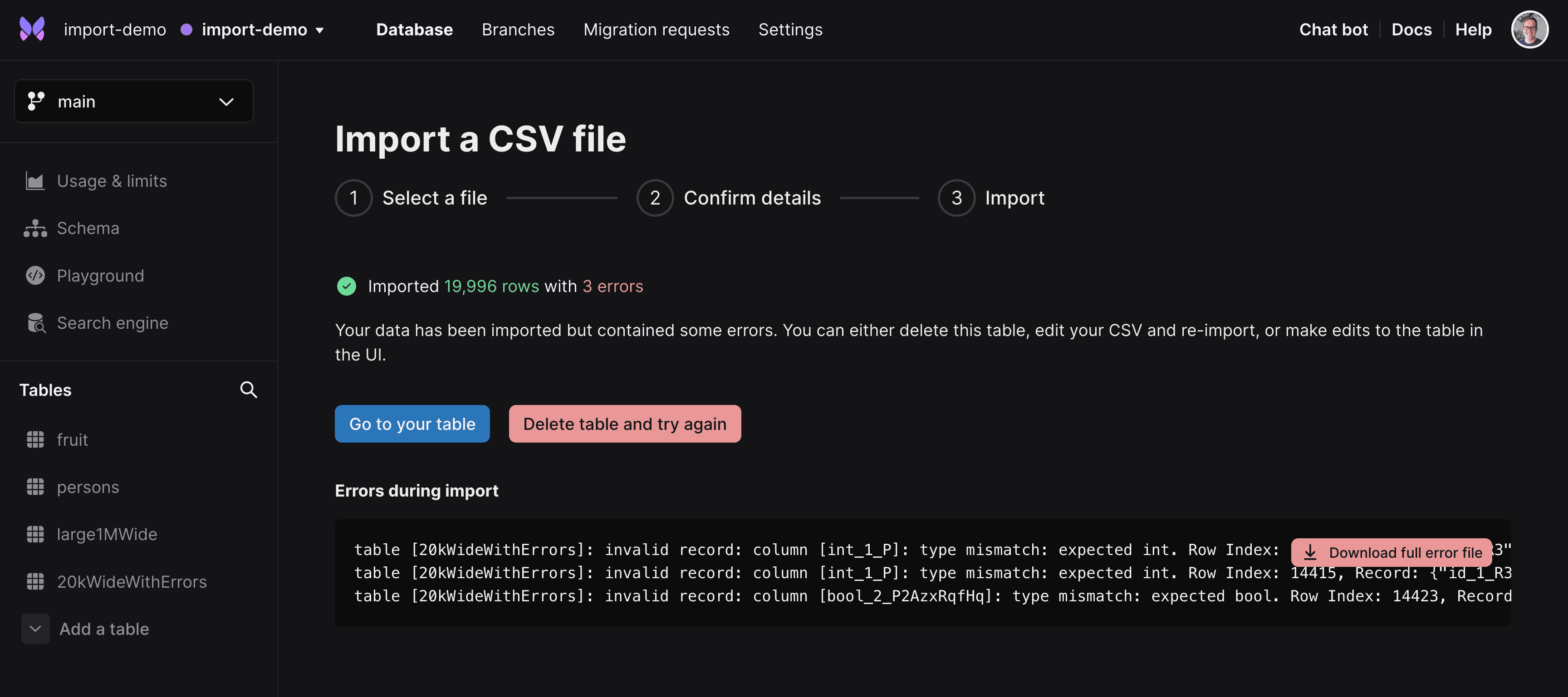 Showing the CSV import errors