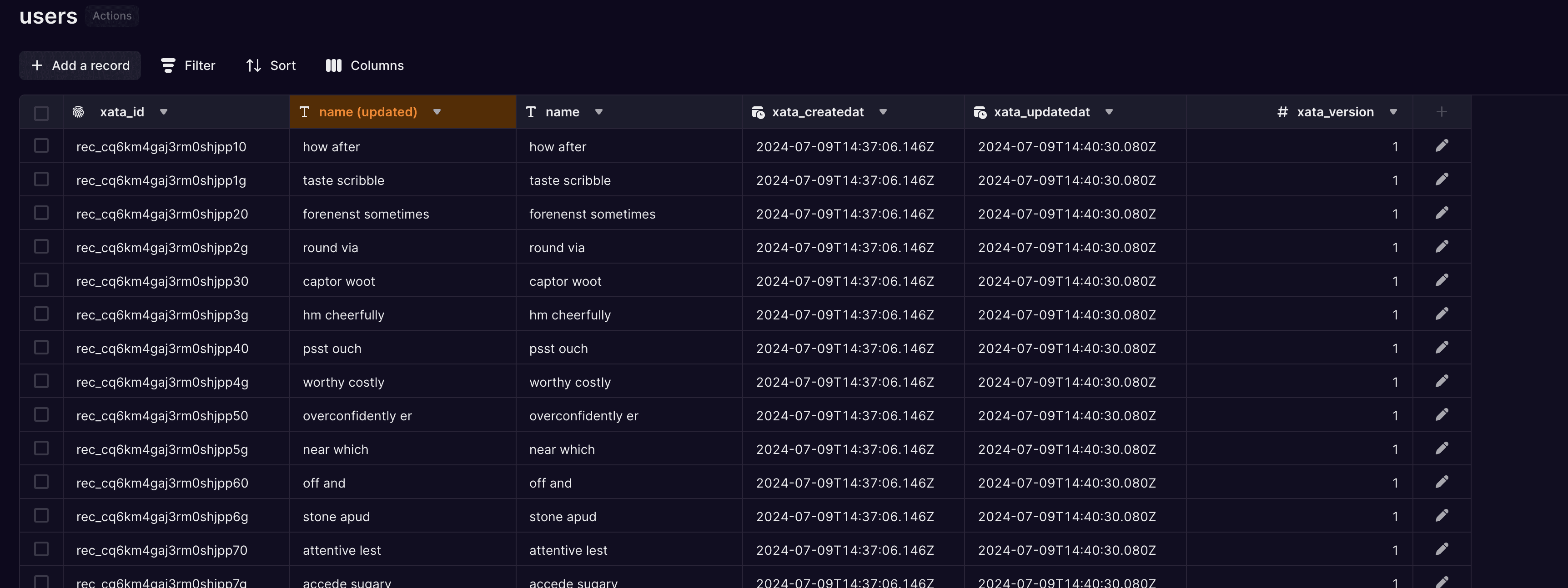 The table editor shows the two versions of the name field, one with the NOT NULL constraint and one without